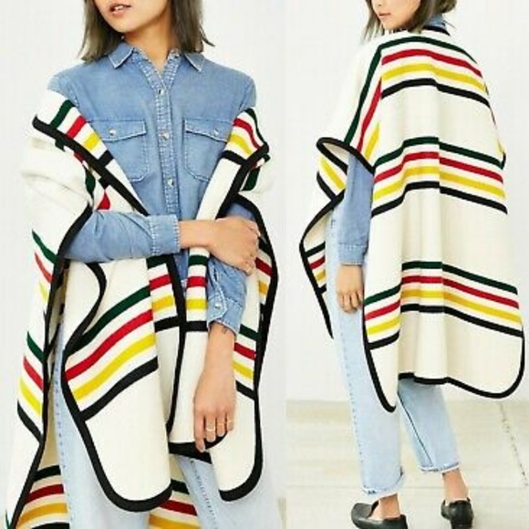Pendelton Tops - Pendleton Glacier stripe wool blanket poncho HBC